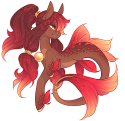Size: 815x790 | Tagged: safe, artist:endeth, derpibooru import, oc, oc only, merpony, seapony (g4), auction, coat markings, dorsal fin, eyelashes, female, fins, fish tail, flowing mane, jewelry, looking back, orange eyes, pale belly, red mane, ring, simple background, smiling, solo, tail, tail ring, transparent background, unshorn fetlocks