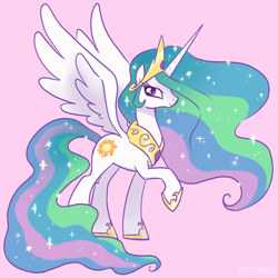 Size: 2048x2048 | Tagged: safe, artist:pfeffaroo, derpibooru import, princess celestia, alicorn, pony, pink background, profile, raised hoof, raised leg, simple background, smiling, solo, spread wings, wings