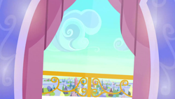 Size: 1280x720 | Tagged: safe, derpibooru import, screencap, games ponies play, background, balcony, cloud, crystal castle, crystal empire, no pony, scenic ponyville