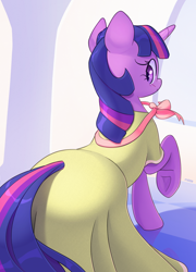 Size: 1798x2500 | Tagged: safe, artist:nookprint, derpibooru import, twilight sparkle, unicorn twilight, pony, unicorn, sweet and elite, beautiful, birthday dress, blushing, clothes, dress, female, looking back, mare, rear view, smiling, solo, underhoof