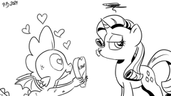 Size: 1200x675 | Tagged: safe, artist:pony-berserker, derpibooru import, rarity, spike, dragon, pony-berserker's twitter sketches, annoyed, female, heart, male, monochrome, present, shipping, shipping denied, sparity, straight, winged spike