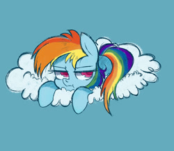 Size: 2300x2000 | Tagged: safe, artist:meowmeows4872, derpibooru import, rainbow dash, pegasus, pony, :t, blue background, cloud, colored pupils, cute, dashabetes, female, filly, filly rainbow dash, high res, lidded eyes, lying down, on a cloud, prone, simple background, solo, younger