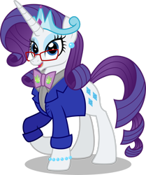 Size: 1920x2300 | Tagged: safe, artist:aleximusprime, artist:n0kkun, derpibooru import, rarity, unicorn, flurry heart's story, beads, bowtie, bracelet, clothes, crown, ear piercing, fashion, glasses, implied shipping, implied sparity, implied straight, jacket, jewelry, older, piercing, raises hoof, regalia, simple background, solo, suit, tiara, transparent background