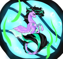 Size: 1398x1301 | Tagged: safe, artist:mystress-of-magic01, derpibooru import, oc, oc only, alicorn, pony, seapony (g4), blue eyes, bubble, fish tail, flowing mane, flowing tail, horn, seaponified, seaweed, signature, smiling, solo, species swap, spread wings, swimming, tail, underwater, water, wings