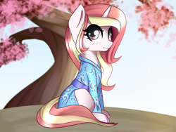 Size: 1600x1200 | Tagged: safe, artist:plaguemare, derpibooru import, oc, oc only, pony, unicorn, cherry blossoms, clothes, female, flower, flower blossom, kimono (clothing), looking at you, mare, sitting, solo, tree
