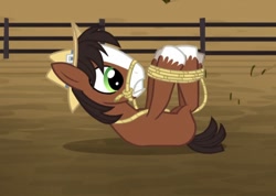 Size: 912x650 | Tagged: safe, derpibooru import, screencap, trouble shoes, appleoosa's most wanted, bridle, colt, cropped, fence, lasso, male, rope, solo, tack, tied up