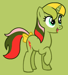 Size: 503x554 | Tagged: safe, artist:christian65, derpibooru import, mimic (g1), pony, unicorn, g1, g4, bow, female, g1 to g4, generation leap, green background, mare, raised hoof, raised leg, simple background, solo, tail bow