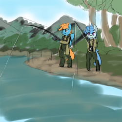 Size: 2048x2048 | Tagged: safe, artist:compoundlift, derpibooru import, oc, oc only, oc:basso, oc:file folder, pegasus, pony, bipedal, colored sketch, fishing, horsin' around