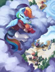 Size: 3117x4096 | Tagged: safe, artist:saxopi, derpibooru import, rainbow dash, pegasus, pony, boat, clothes, cloud, cute, dashabetes, house, lighthouse, pier, scarf, sleeping, solo, visible breath, water