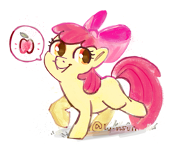Size: 1109x946 | Tagged: safe, artist:lynsum, derpibooru import, apple bloom, earth pony, pony, adorabloom, bow, cute, female, filly, hair bow, simple background, smiling, solo, speaking in images, speech bubble, white background