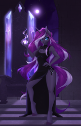 Size: 2606x4081 | Tagged: safe, artist:u_lu_lu, derpibooru import, nightmare rarity, rarity, anthro, unguligrade anthro, unicorn, black dress, breasts, cleavage, clothes, dress, fangs, female, hand on hip, horn, looking at you, magic, mare, moonlight, side slit, solo, throne, throne room, total sideslit