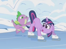 Size: 852x636 | Tagged: safe, derpibooru import, screencap, spike, twilight sparkle, unicorn twilight, dragon, pony, unicorn, season 1, winter wrap up, female, male, mare, out of context, snow, you know for kids