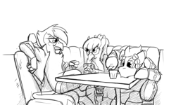 Size: 1280x768 | Tagged: safe, artist:captainhoers, derpibooru import, oc, oc only, oc:aiah, oc:hera sinclair, oc:larkspur blues, griffon, pony, black and white, cocktail umbrella, crossed legs, female, grayscale, male, monochrome, mug, simple background, sitting, stallion, white background