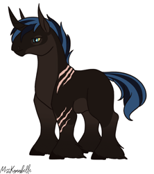 Size: 1302x1464 | Tagged: safe, artist:misskanabelle, derpibooru import, oc, oc only, bicorn, pony, horn, male, multiple horns, offspring, parent:shining armor, parents:canon x oc, scar, signature, simple background, solo, stallion, white background