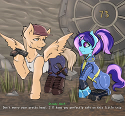 Size: 2952x2739 | Tagged: safe, artist:leastways, derpibooru import, part of a set, oc, oc only, oc:amethyst aria, oc:steady hoof, pegasus, pony, unicorn, fallout equestria, clothes, dialogue, female, filly, gun, knife, male, stallion, story included, two toned mane, vault 73, vault door, vault suit, weapon