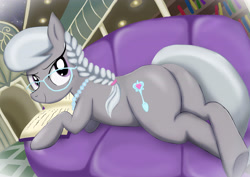 Size: 3508x2480 | Tagged: safe, artist:neoshrek, derpibooru import, silver spoon, earth pony, pony, butt, crossed legs, female, looking at you, looking back, looking back at you, lying down, mare, older, older silver spoon, plot, prone, reading, rear view, smiling, sofa, solo
