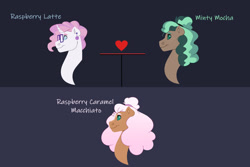 Size: 1280x854 | Tagged: safe, artist:itstechtock, derpibooru import, minty mocha, raspberry latte, oc, oc:raspberry caramel macchiato, pony, family tree, female, lesbian, magical lesbian spawn, offspring, parent:minty mocha, parent:raspberry latte, shipping