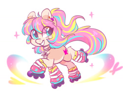 Size: 1552x1210 | Tagged: safe, artist:colorfulcolor233, derpibooru import, oc, oc only, oc:bijou butterfly, earth pony, pony, female, grin, mare, roller skates, simple background, smiling, solo, sparkles, white background