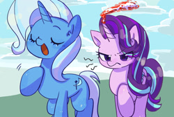 Size: 2273x1536 | Tagged: safe, artist:770nanao15, derpibooru import, starlight glimmer, trixie, pony, unicorn, all bottled up, season 7, anger magic, angry, cloud, cute, diatrixes, duo, duo female, ear fluff, ears, eye clipping through hair, eyebrows, eyebrows visible through hair, eyes closed, female, frown, glimmerbetes, glowing horn, hoof on chest, horn, madorable, magic, mare, open mouth, open smile, scene interpretation, smiling, translation request