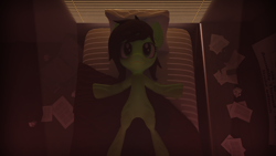 Size: 3840x2160 | Tagged: safe, artist:dieanondie, oc, oc only, oc:anon filly, earth pony, pony, 3d, bed, black mane, blender, blinds, crepuscular rays, earth pony oc, female, filly, green coat, green eyes, looking up, lying down, lying on bed, on back, on bed, paper, pen, pillow, solo, spread legs