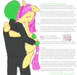 Size: 1923x1873 | Tagged: safe, artist:tiffortat, part of a set, twibooru import, oc, oc:anon, oc:twill, pony, /mlp/, bootleg, bootleg oc, bootleg pony, bootleg twilight, feels, female, greentext, holding a pony, mare, my lovely horse, simple background, sleeping, text, white background