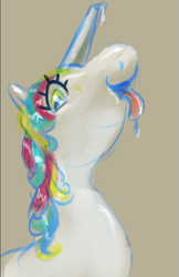 Size: 499x768 | Tagged: safe, artist:tiffortat, twibooru import, oc, oc only, inflatable pony, pony, dripping, female, inflatable, looking at you, mare, multicolored hair, ponified, smiling, smiling at you, solo, tongue, tongue out