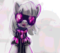 Size: 1230x1080 | Tagged: safe, artist:tiffortat, twibooru import, photo finish, pony, animated, blood, clothes, creepy, dress, fanfic art, female, gif, goggles, lipstick, looking at you, mare, solo, text