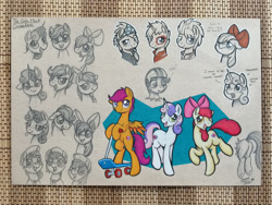 Size: 1600x1200 | Tagged: safe, artist:serenepony, apple bloom, scootaloo, sweetie belle, cutie mark crusaders, scooter, show stopper outfits, traditional art