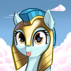 Size: 561x556 | Tagged: safe, artist:neuro, guardian angel (character), pegasus, pony, :p, armor, blep, blue sky, cloud, cute, female, guardsmare, helmet, looking at you, mare, royal guard, sky, solo, tongue, tongue out