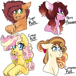 Size: 3000x3000 | Tagged: safe, artist:gingygin, derpibooru import, oc, oc only, oc:berry macarpone, oc:cinnomon roll, oc:cream puff, oc:sugar rush, earth pony, pony, bow, bust, earth pony oc, female, filly, hair bow, high res, male, mare, offspring, parent:cheese sandwich, parent:pinkie pie, parents:cheesepie, siblings, simple background, stallion, unshorn fetlocks, white background