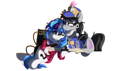 Size: 3840x2160 | Tagged: safe, artist:zvn, derpibooru import, dj pon-3, octavia melody, vinyl scratch, pony, canterlot high, canterlot high blog, clothes, flannel, guitar, musical instrument, uniform