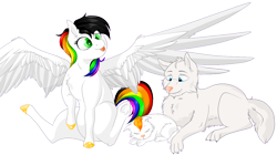 Size: 1000x559 | Tagged: safe, artist:byemyfriends, derpibooru import, oc, oc only, oc:dr. wolf, oc:lightning bliss, alicorn, pony, wolf, :p, alicorn oc, eyes closed, female, horn, male, mare, multicolored hair, rainbow hair, simple background, sitting, sleeping, spread wings, tongue, tongue out, transparent background, wings