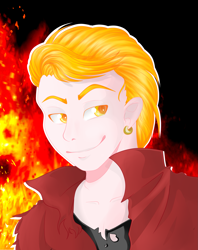 Size: 1725x2183 | Tagged: safe, artist:byemyfriends, derpibooru import, oc, oc only, oc:firebrand, human, bust, clothes, fire, humanized, male, smiling, solo