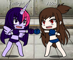 Size: 686x567 | Tagged: safe, artist:jpghost, derpibooru import, twilight sparkle, anthro, akko kagari, angry, bashing, boxing, boxing gloves, crossover, gacha life, little witch academia, sports, weird