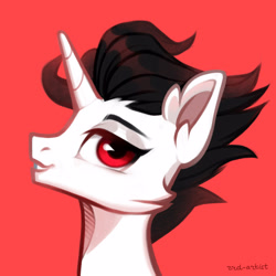 Size: 3000x3000 | Tagged: safe, artist:rrd-artist, derpibooru import, oc, oc only, oc:凌宇, pony, unicorn, bust, ear fluff, ears, grin, high res, horn, looking at you, male, red background, red eyes, simple background, smiling, smiling at you, solo, stallion, unicorn oc