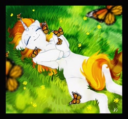 Size: 2230x2081 | Tagged: safe, artist:opalacorn, derpibooru import, oc, oc only, butterfly, pony, unicorn, chest fluff, eyes closed, female, flower, grass, lying down, lying on the ground, mare, on back, smiling, solo