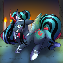 Size: 1500x1500 | Tagged: safe, artist:northernlightsone, derpibooru import, king sombra, nightmare moon, queen chrysalis, queen umbra, oc, oc:empress sacer malum, changeling, changeling queen, pony, unicorn, alicorn amulet, background, butt, candle, changeling oc, commissioner:bigonionbean, crown, curved horn, cutie mark, extra thicc, female, flank, fusion, fusion:empress sacer malum, horn, horseshoes, jewelry, large butt, mare, plot, regalia, rule 63, staring at you, sultry pose, wings, writer:bigonionbean