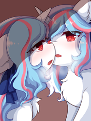 Size: 2048x2732 | Tagged: safe, artist:yilo, derpibooru import, oc, oc:moontrace, pony, unicorn, blushing, boop, hairband, kissing, multicolored hair, noseboop, red eyes, self ponidox, selfcest, shipping