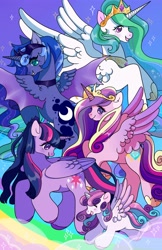 Size: 2650x4096 | Tagged: safe, artist:honeybonniebunny, derpibooru import, princess cadance, princess celestia, princess flurry heart, princess luna, twilight sparkle, twilight sparkle (alicorn), alicorn, pony, alicorn pentarchy, female, filly, high res, hybrid wings, mare, wings