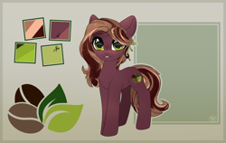 Size: 3265x2065 | Tagged: safe, artist:reterica, derpibooru import, oc, oc only, oc:dim bush, earth pony, pony, female, freckles, green eyes, looking at you, mare, reference sheet, ribbon, simple background, smiling, smiling at you, solo