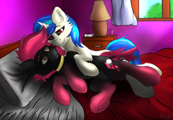 Size: 2922x2028 | Tagged: safe, alternate version, artist:flapstune, derpibooru import, dj pon-3, vinyl scratch, oc, oc:rubellite rhapsody, pegasus, pony, unicorn, bed, canon x oc, cutie mark, duo, duo female, female, females only, horn, hug, lesbian, lying down, lying on bed, mare, on bed, pegasus oc, pillow, red and black oc, red eyes, signature, window