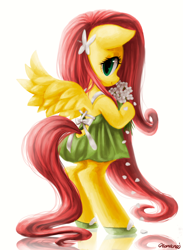Size: 700x955 | Tagged: safe, artist:nonananana, derpibooru import, fluttershy, pegasus, pony, bipedal, clothes, dress, female, flower, hairclip, looking at you, looking back, looking back at you, looking over shoulder, mare, reflection, shoes, simple background, solo, white background