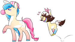 Size: 700x388 | Tagged: safe, artist:lavvythejackalope, derpibooru import, oc, oc only, earth pony, pony, braided tail, bubblegum, colored hooves, duo, earth pony oc, eyes closed, female, food, gum, hat, heart, mare, pronking, raised hoof, raised leg, simple background, smiling, transparent background