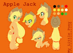 Size: 888x647 | Tagged: safe, artist:nonananana, derpibooru import, applejack, anthro, earth pony, plantigrade anthro, applejack is not amused, applejack's hat, barbie doll anatomy, breasts, clothes, color palette, cowboy hat, featureless crotch, female, freckles, hat, nail polish, smiling, solo, text, unamused