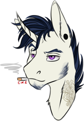 Size: 737x1063 | Tagged: safe, artist:eperyton, derpibooru import, oc, oc only, pony, unicorn, beard, bust, cigarette, ear piercing, facial hair, horn, magical lesbian spawn, male, offspring, parent:octavia melody, parent:vinyl scratch, parents:scratchtavia, piercing, simple background, smoking, solo, stallion, tattoo, unicorn oc, white background