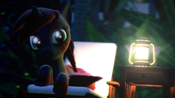 Size: 1360x768 | Tagged: safe, artist:bwablack, derpibooru import, oc, oc only, oc:pony black, unicorn, 3d, blurry background, bush, gmod, lantern, looking at you, low quality, lying down, night, photoshop, table, tree