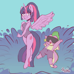 Size: 3000x3000 | Tagged: safe, artist:scribleydoodles, derpibooru import, spike, twilight sparkle, twilight sparkle (alicorn), alicorn, anthro, dragon, unguligrade anthro, clothes, duo, female, high res, male, mare, one-piece swimsuit, sunglasses, swimming trunks, swimsuit, water, winged spike