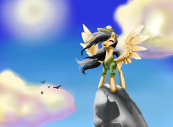 Size: 1043x766 | Tagged: safe, artist:joan-grace, derpibooru import, daring do, pegasus, pony, clothes, cloud, female, hat, mare, outdoors, pith helmet, solo, wings