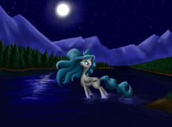 Size: 1043x766 | Tagged: safe, artist:joan-grace, derpibooru import, oc, oc only, alicorn, pony, alicorn oc, female, full moon, horn, lake, mare, moon, mountain, night, outdoors, solo, stars, wings