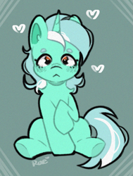 Size: 587x776 | Tagged: safe, artist:dearysnowy, derpibooru import, lyra heartstrings, pony, unicorn, :<, beanbrows, eyebrows, female, heart, looking at you, mare, sitting, solo